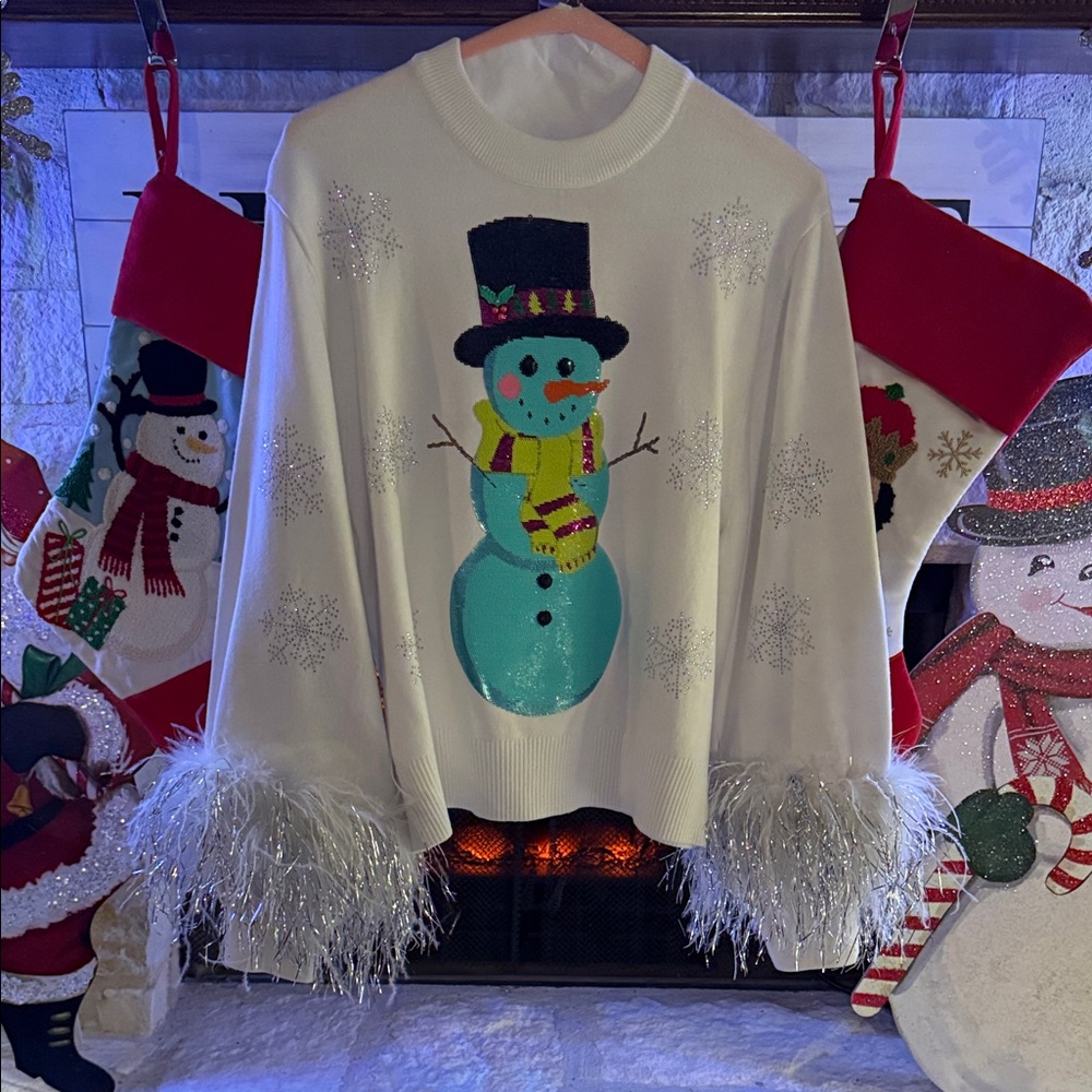 QUEEN OF SPARKLES White Sweater with Snowman Design